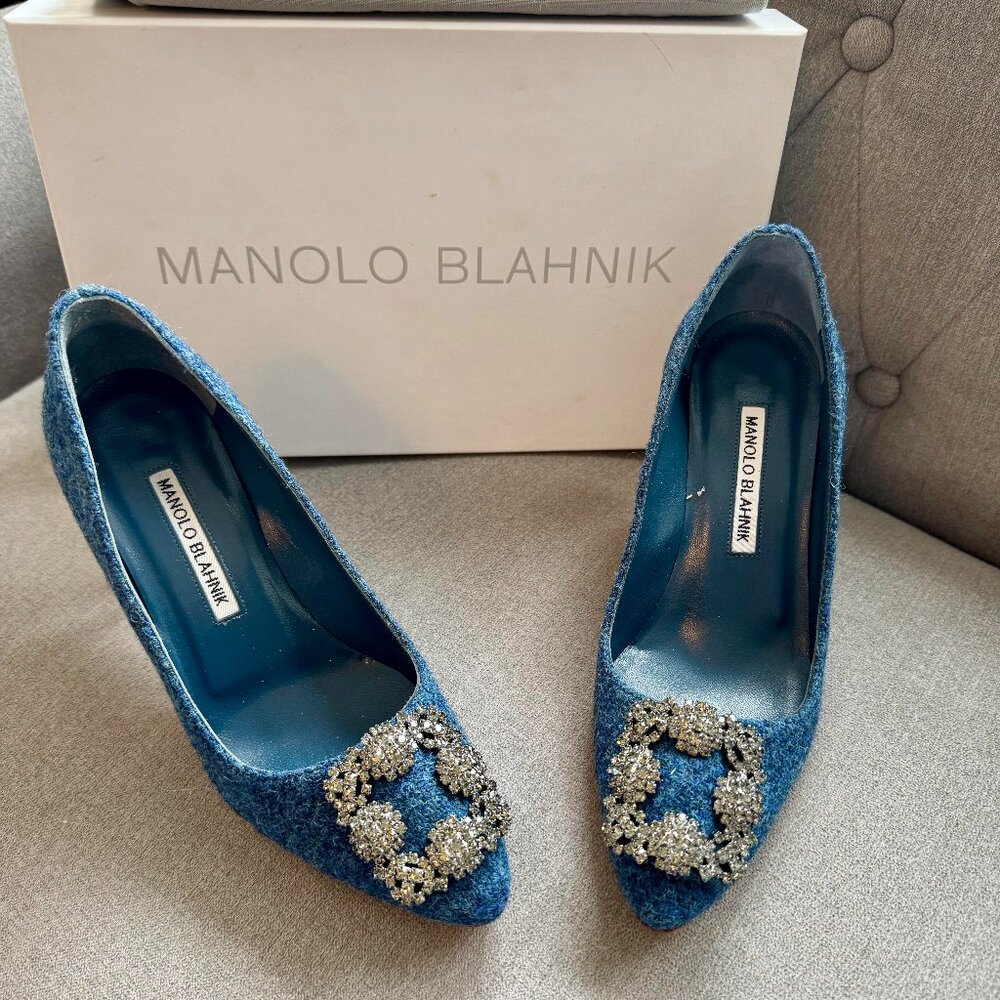 Manolo Blahnik Hangisi 90 Blue Wool/Bouclé Heels (Size 36.5) • Worn Once